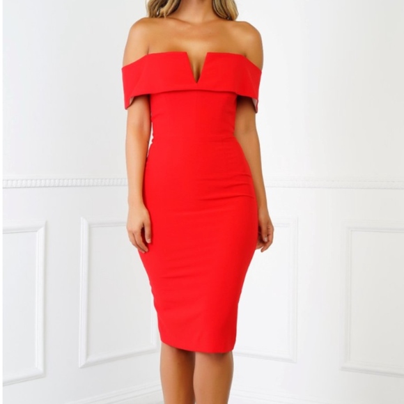 RED OFF THE SHOULDER DRESS - Picture 1 of 3